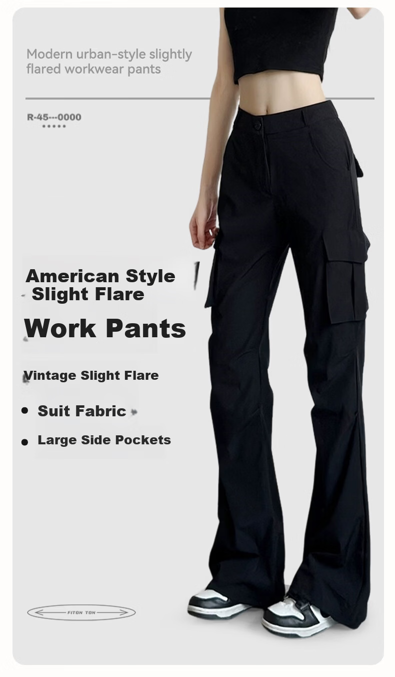FitonTon Women's American Style Slight Flare Cargo Pants 2026 Summer New High Waist Slim Retro Flared Casual Pants 1