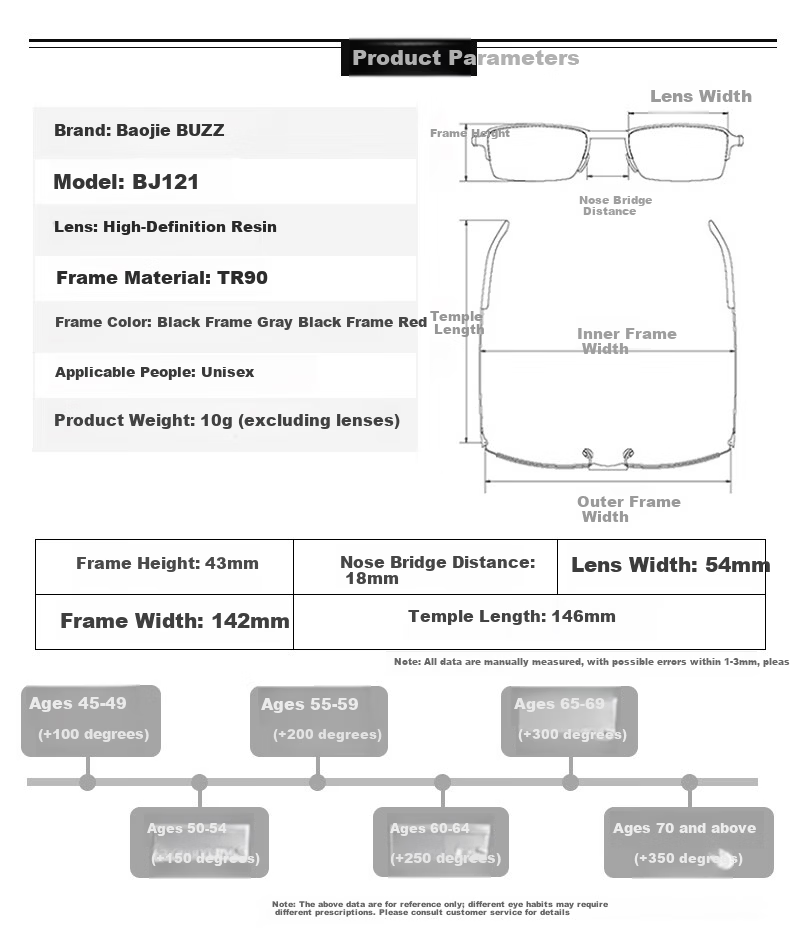 BUZZ Anti-Blue Light Reading Glasses for Men and Women, Ultra-Light, High-Definition, Middle-Aged and Elderly, BJ121 Black Frame Gray Temples, 250 Degree 8