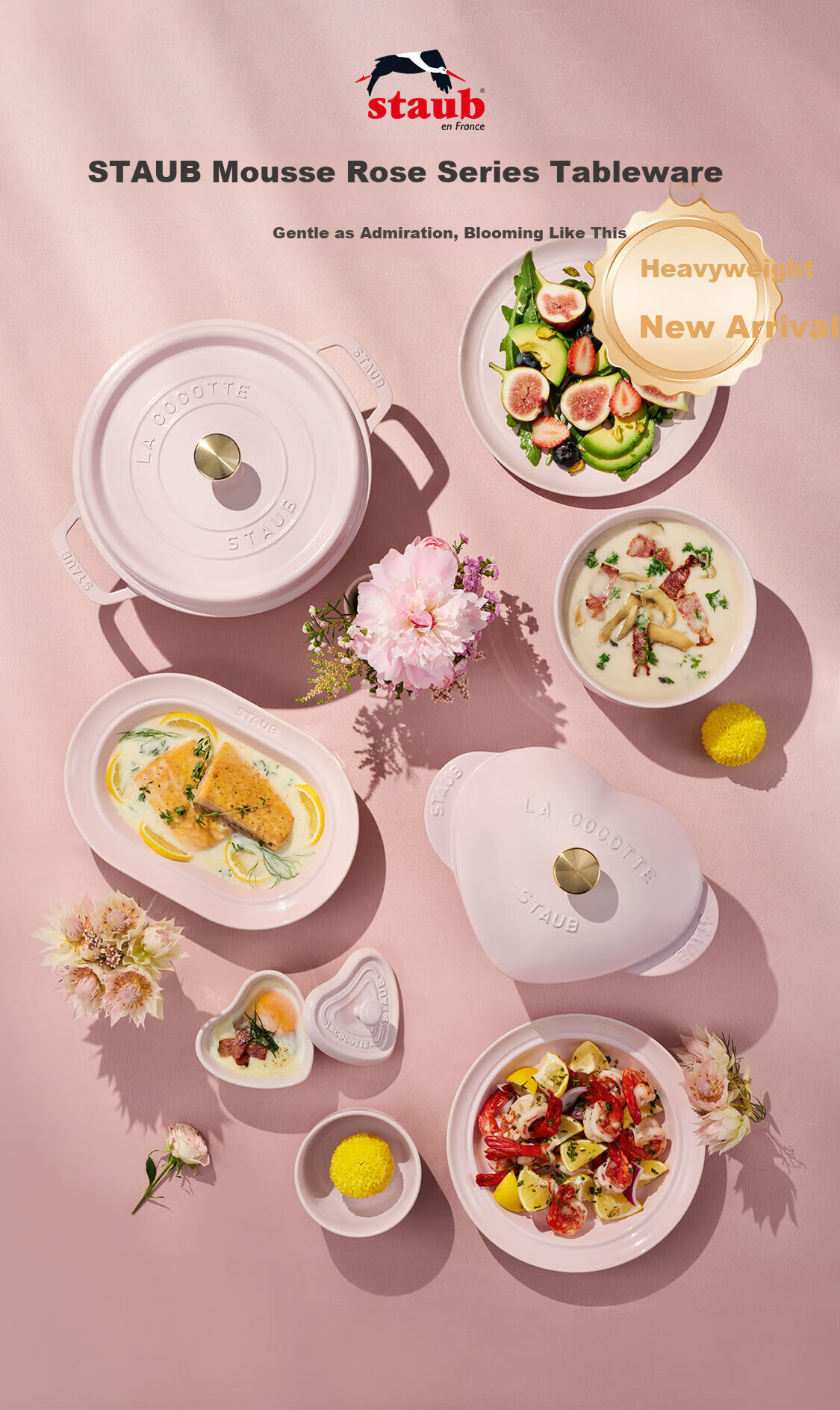 Staub Mousse Rose Pink 16-Piece Dinnerware Set for 6 People, Includes Salad Bowls, Rice Bowls, Soup Noodles Bowls 1033077 1