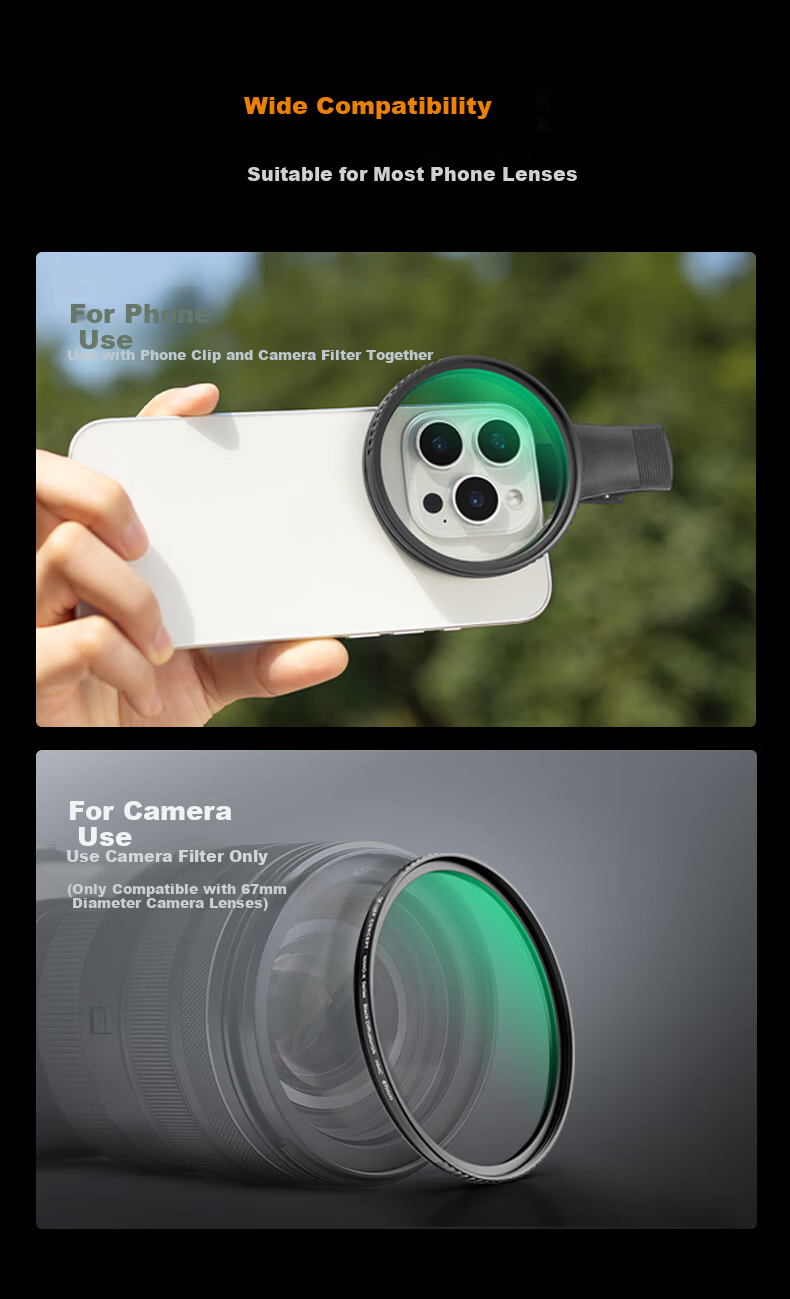 Zhuoer Polarizing Filter for Huawei, Xiaomi 15 Ultra And Apple Phones, Professional CPL Polarizing Filter, 67mm Phone Clip Shooting Tool, ND Filter 3