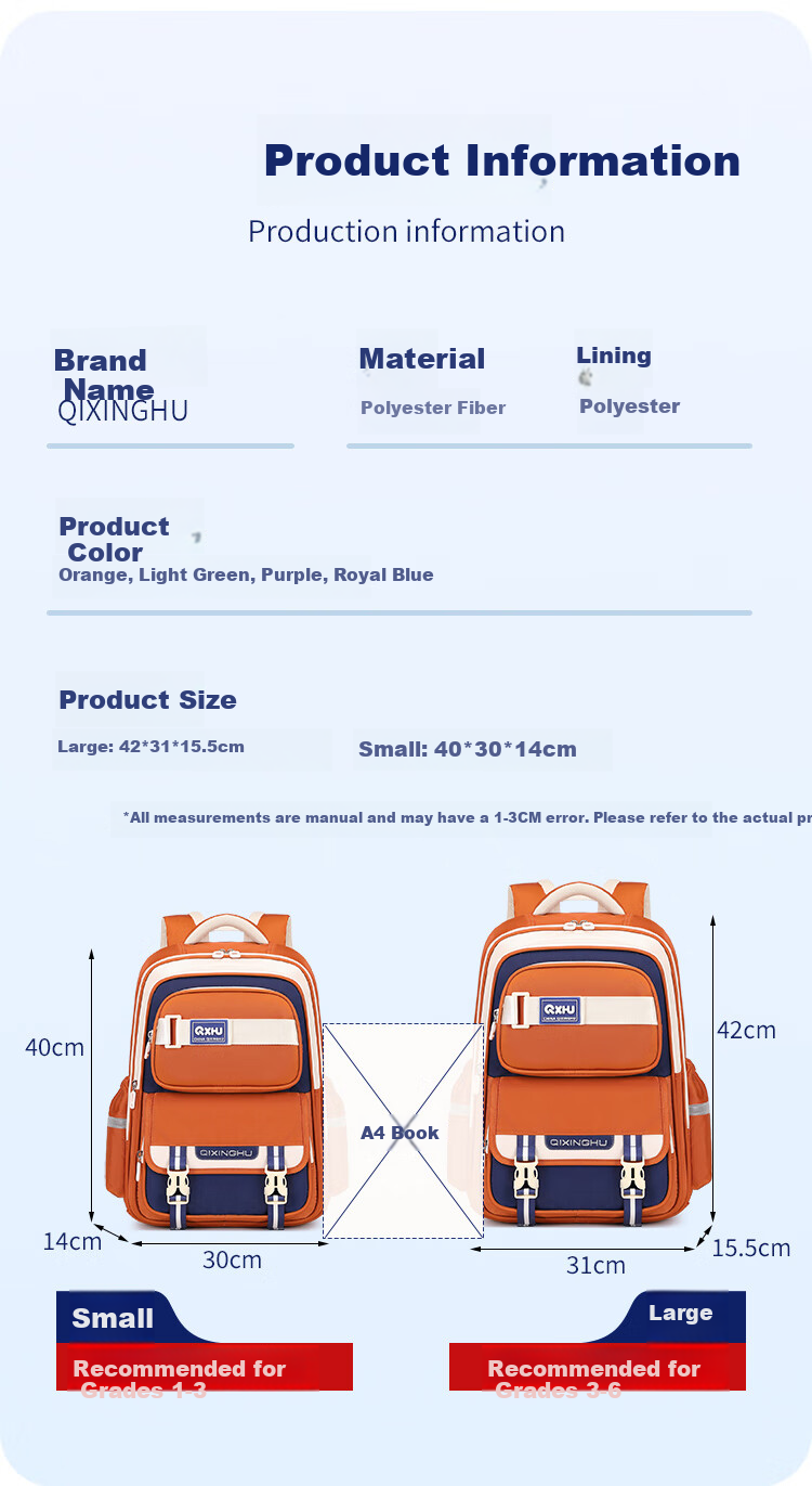 Qixinghu Primary School Backpack for Grades 1-3, Ergonomic Spine Protection, High Capacity, Stylish Girls and Boys Schoolbag 16