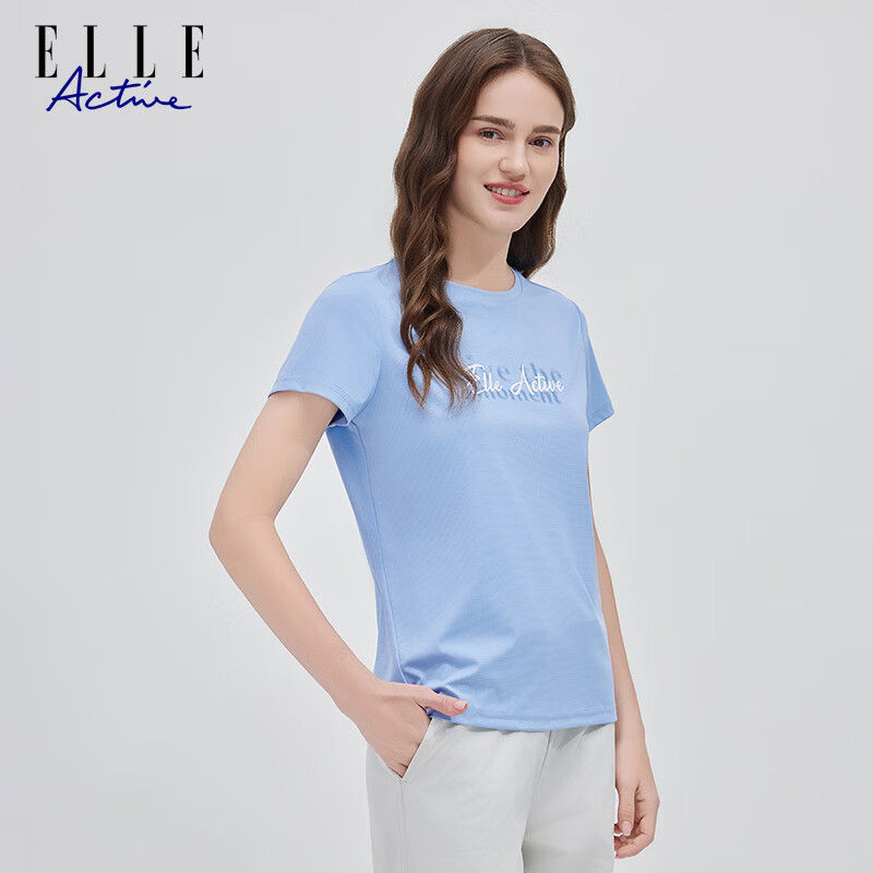 ELLE ACTIVE Cooling Technology Sunscreen T-Shirt Women Short Sleeve Casual Sports Outdoor Running Stretch Printed Top Light Blue 2XL