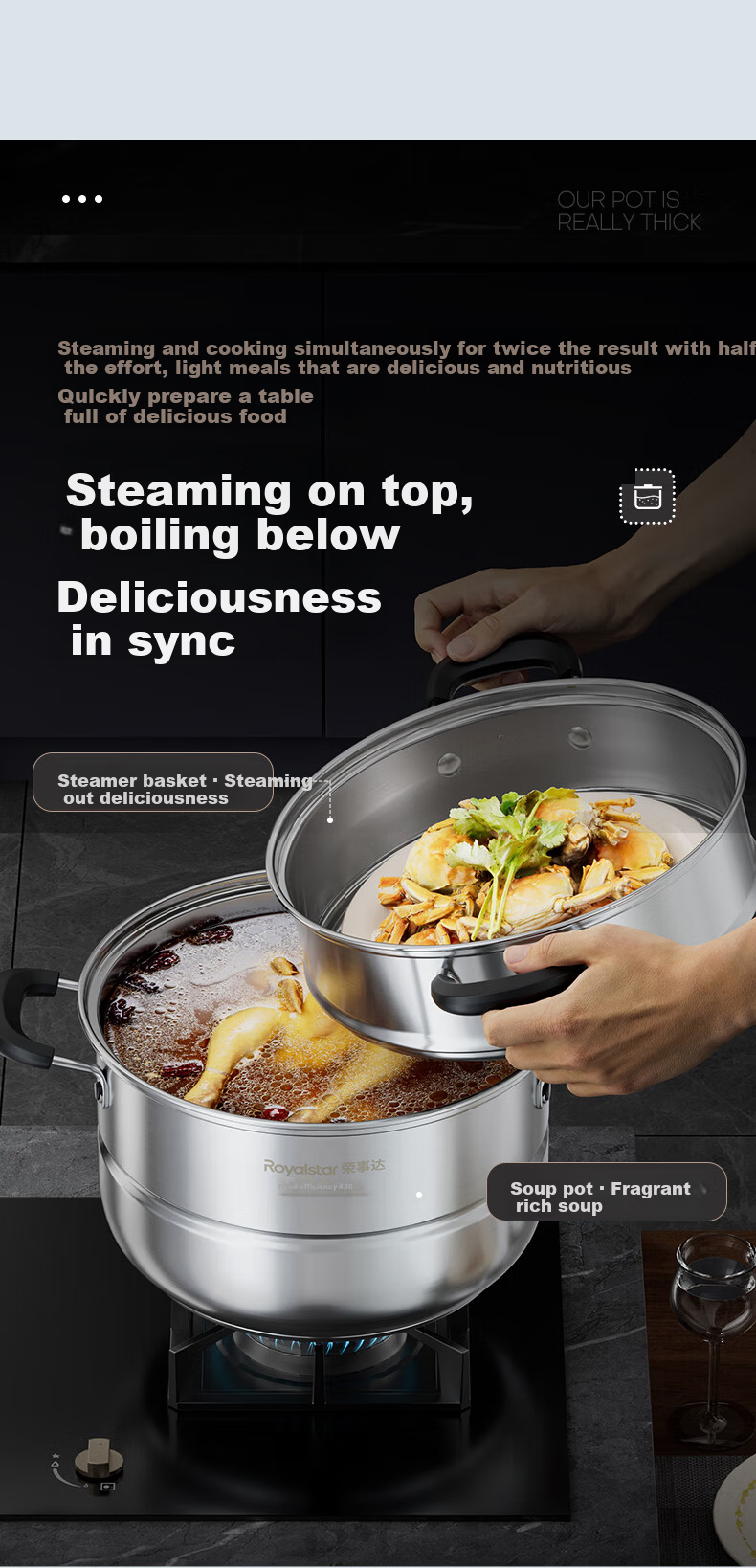 Royalstar 28cm Stainless Steel Steamer Pot Multi-Functional Large Capacity Double-Layer Soup Pot Compatible with Gas and Induction Cooktops 10