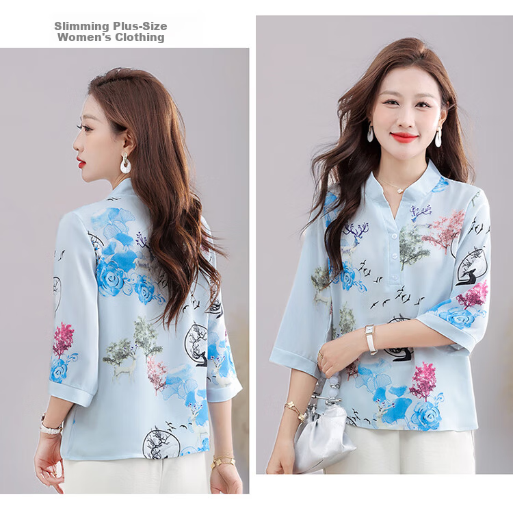 Woodpecker Women's Short Sleeve T-Shirt Casual Floral Shirt Middle-aged and Elderly Mom Loose Elegant Top Summer Blue 2XL 10