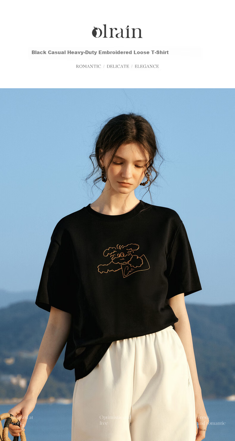 Olrain Eurier New Summer Women's Casual Dog Embroidery Crew Neck Loose Short Sleeve T-Shirt Black XL 1