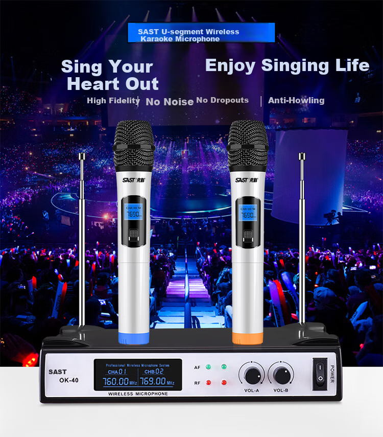 SAST Wireless Microphone System, Dual-Channel UHF Wireless Microphones for Professional Teaching, Performance, Home Karaoke, Meetings, Stage Hosting, And KTV Use 1