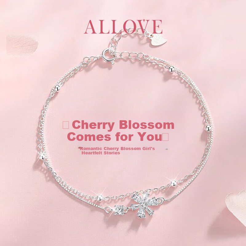 ALLOVE Cherry Blossom Pure Silver Bracelet for Women, Double-Layer Silver Jewelry, Birthday Gift for Women on May 20 And Valentine's Day, Present for Girlfriend Or Wife