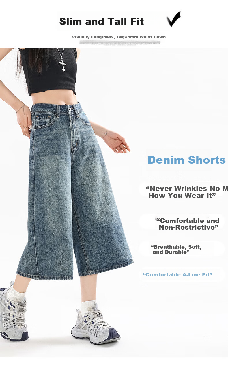 Jeanswest Women's Summer 2026 High-Waisted Loose Fit Retro Blue Wide-Leg Cropped Denim Shorts XL 4