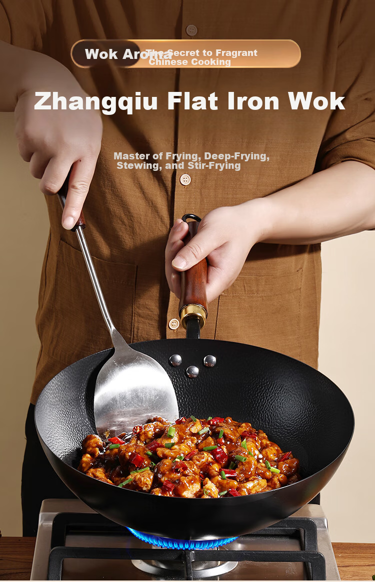Zhangsanfeng Iron Wok, Uncoated Traditional Home Use Flat Bottom Stir-Fry Pan, Pure Iron, Compatible with Induction And Gas Stoves, 30cm 1