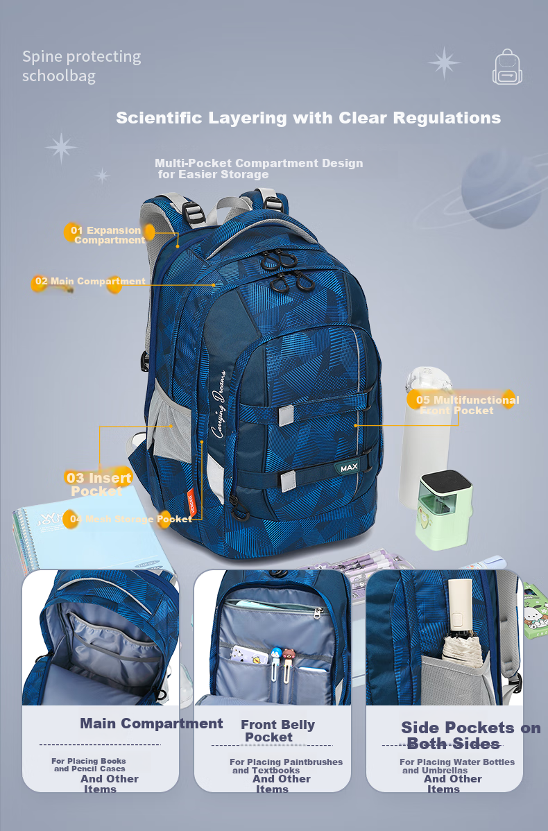 Herder Large Capacity Middle and High School Student Backpack for Boys and Girls, Grades 7-12, Ergonomic Spine Protection, Expandable, Lightweight, Stylish Double Shoulder Bag 11