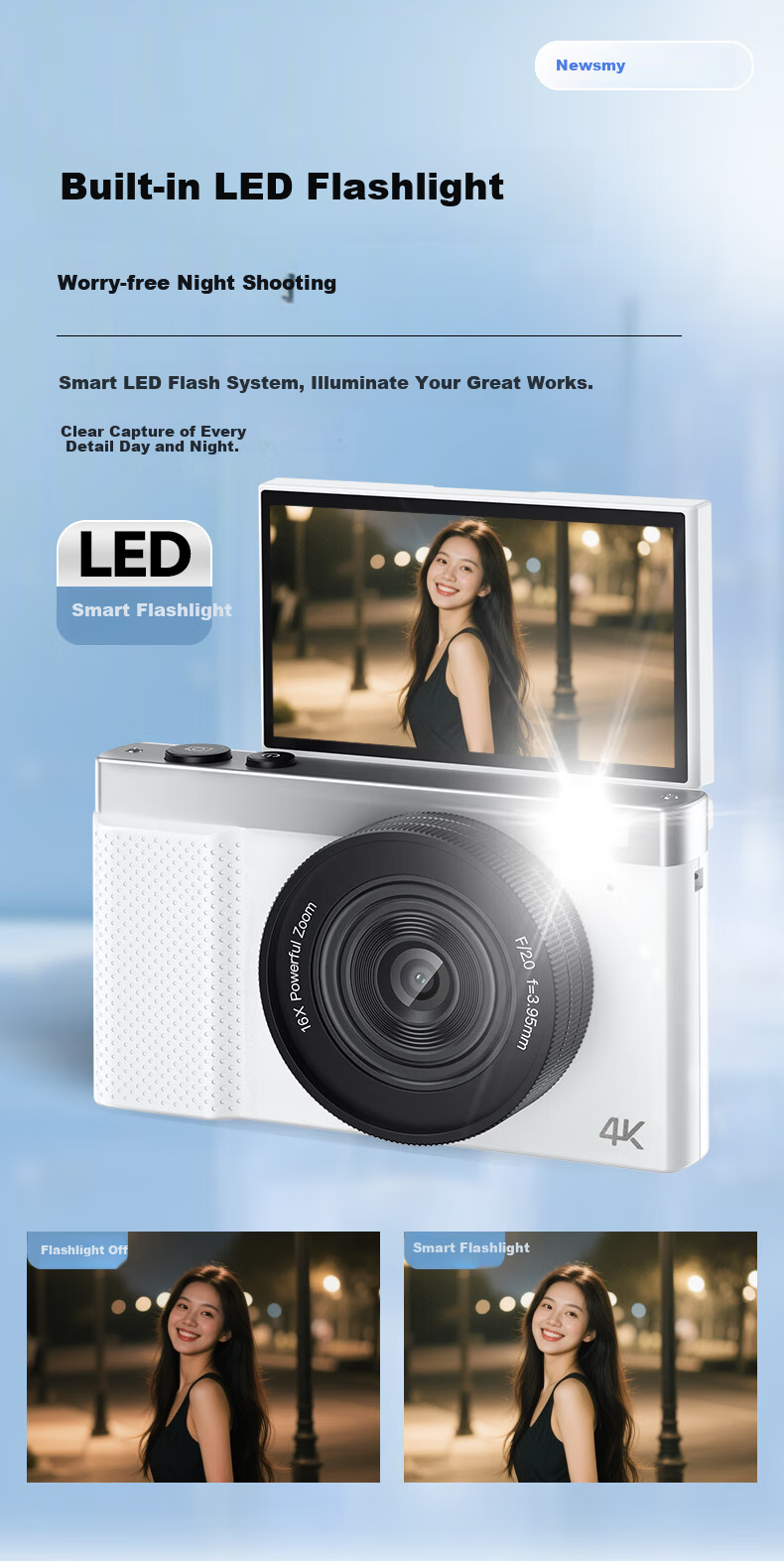 Newsmy N8 Digital Camera Student CCD Flip Screen Selfie HD Pixel Campus Photography Travel Entry-Level Mirrorless Beauty Filter Girls Birthday Gift 64G+Wide Angle Lens 16