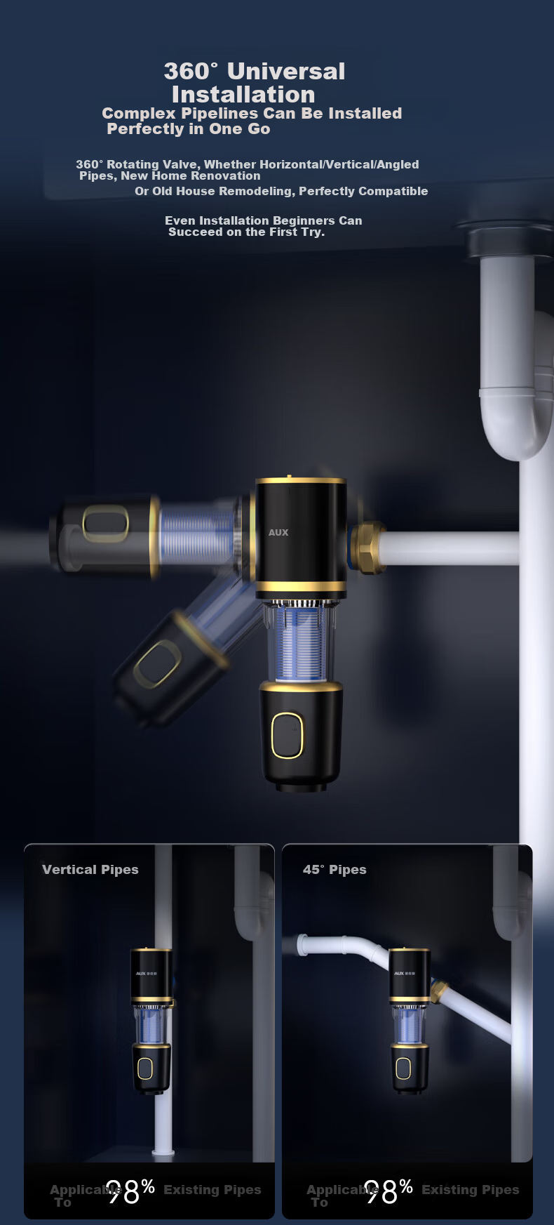 AUX Pre-Filter Universal Installation 10T Backwash Explosion-Proof Lead-Resistant Cold-Resistant Q1pro 2