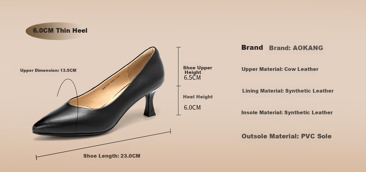 Aokang Official Women's Leather High Heels, Black Thin Heel Professional Work Shoes, OL Pointed Toe Low-Cut Pumps, Size 35 9