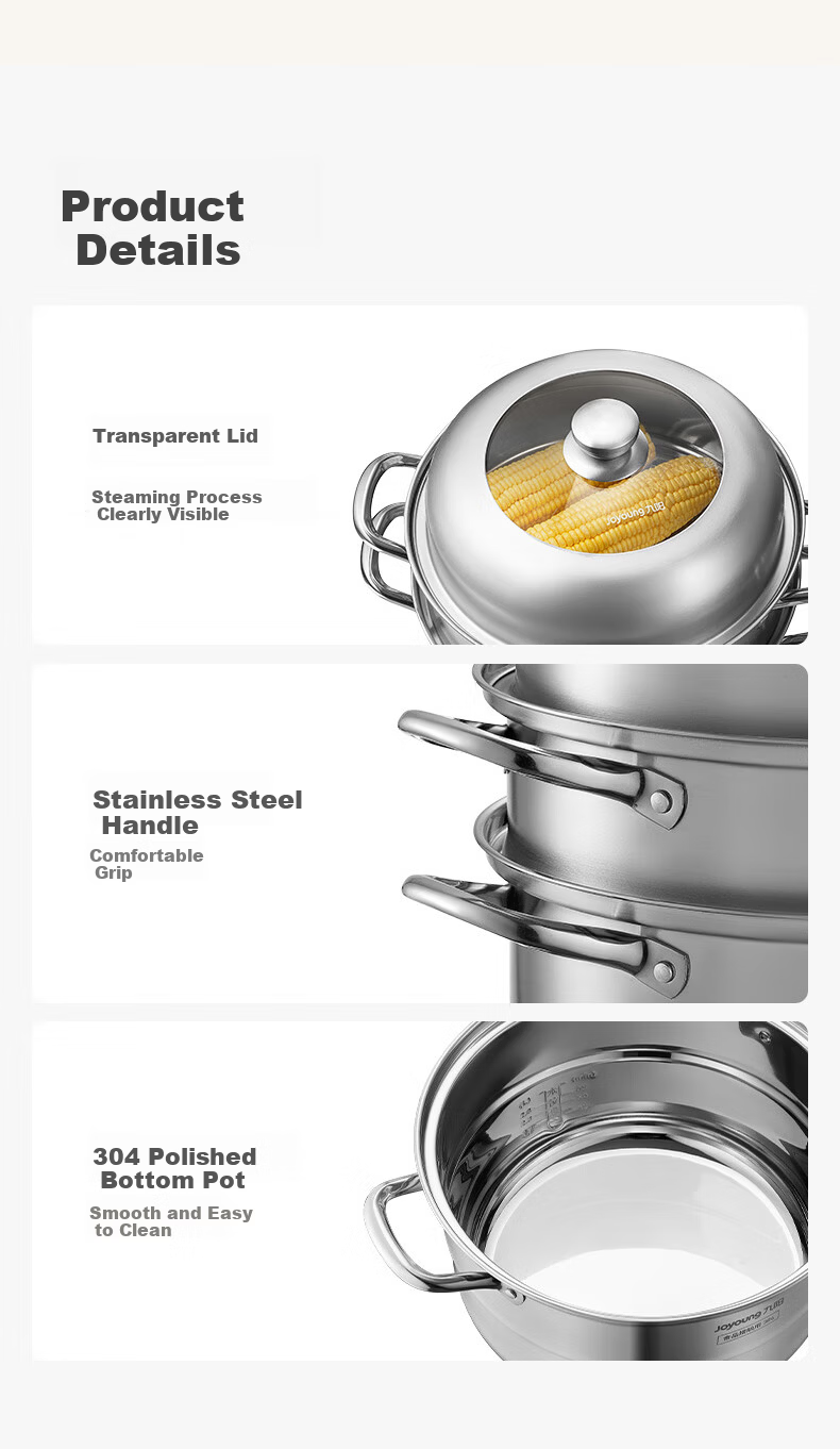 Joyoung 28cm Stainless Steel 304 Double-Layer Steamer Pot with High Dome Lid, Large Capacity, Stove Compatible for Home Steaming, Cooking, and Soup Making 13