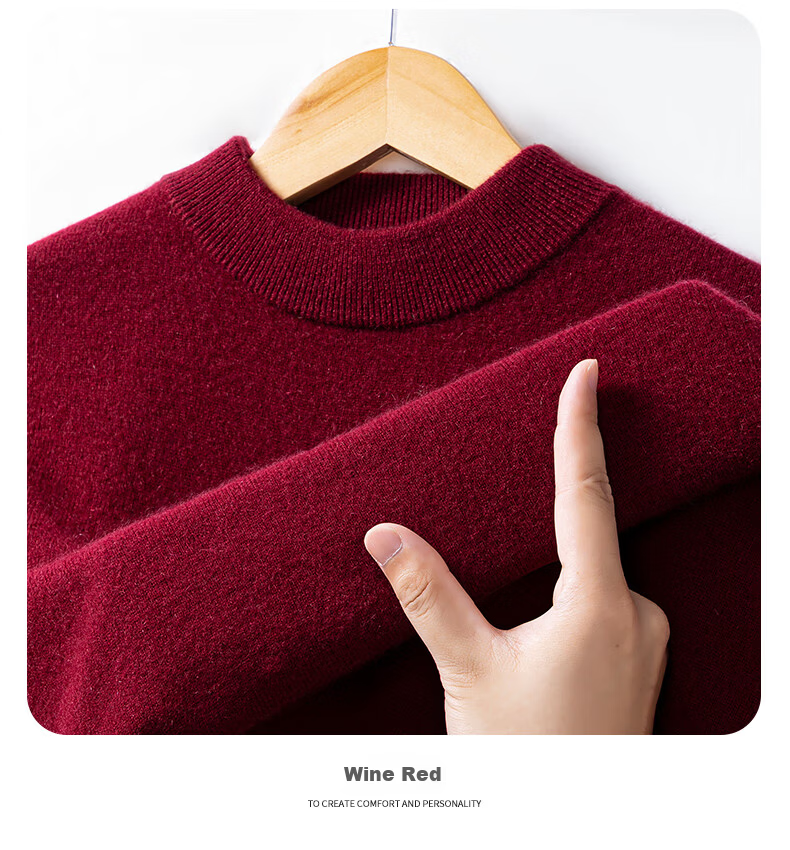 Hengyuanxiang Men's 100% Pure Cashmere Sweater Autumn Winter Half Turtleneck Knitted Warm Red Thick Woolen Pullover 11