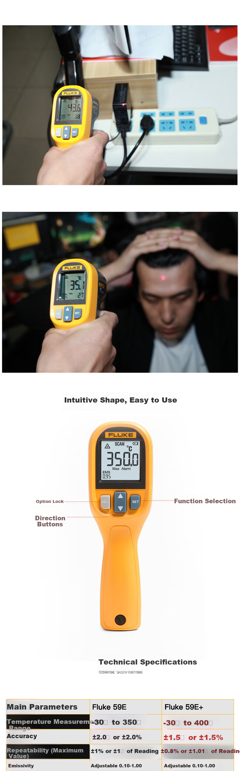 FLUKE 59E+ Non-Contact Handheld Infrared Thermometer -30 to 400℃ Industrial Temperature Gun 2