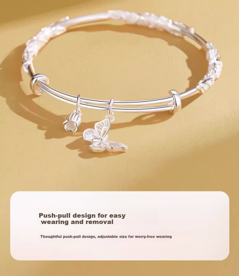 Zhoubaifu Floral Bangle Bracelet for Women, Solid Silver Plated Bracelet, Birthday Gift for Girlfriend on May 20 And Valentine's Day 6