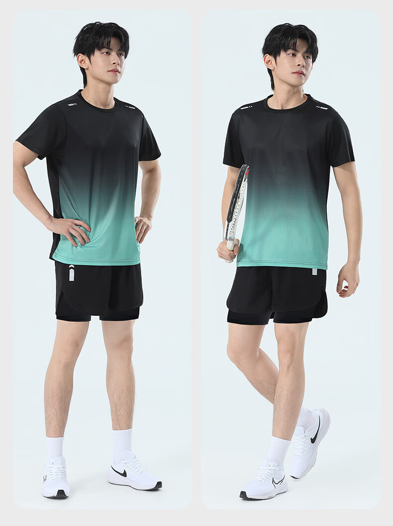 VICTORIATOURIST Men's Summer Running Sports Set Quick-Dry Ice Silk Short Sleeve T-Shirt and Shorts Fitness Badminton Training Apparel 19