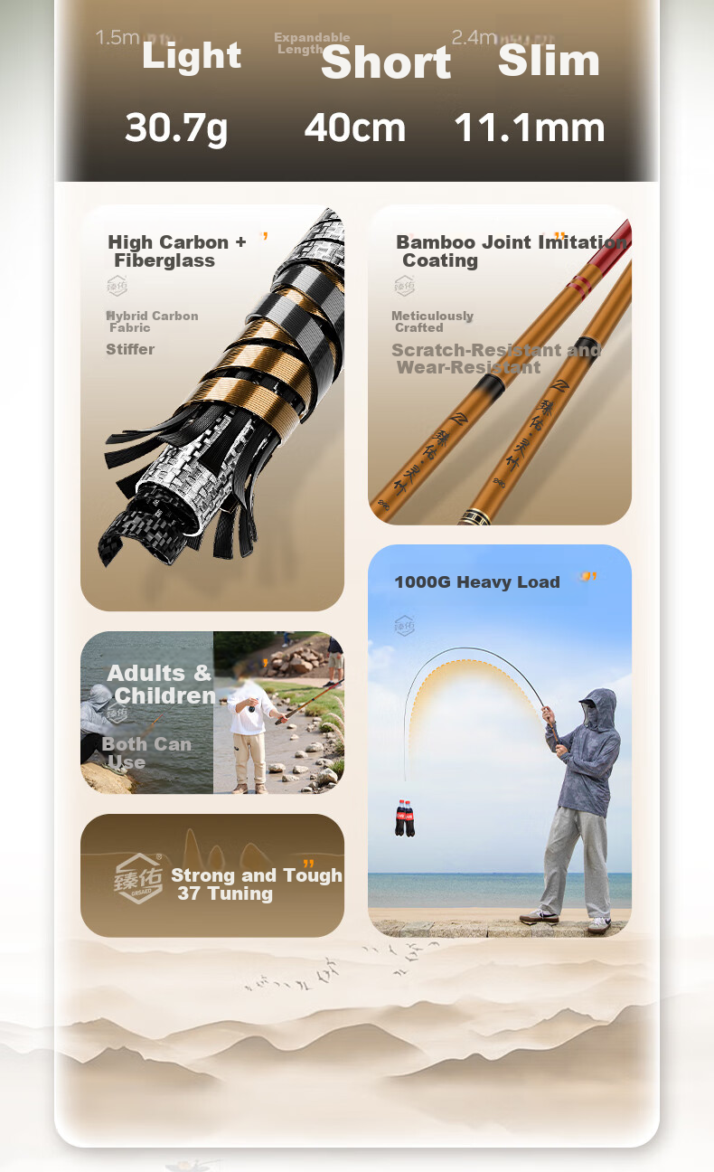Grsaed Children's Fishing Rod Mini Short Section Hand Rod Set Carbon Fiber Fishing Rod Crucian Carp Rod Stream Rod Bamboo 2.7 Meters 3