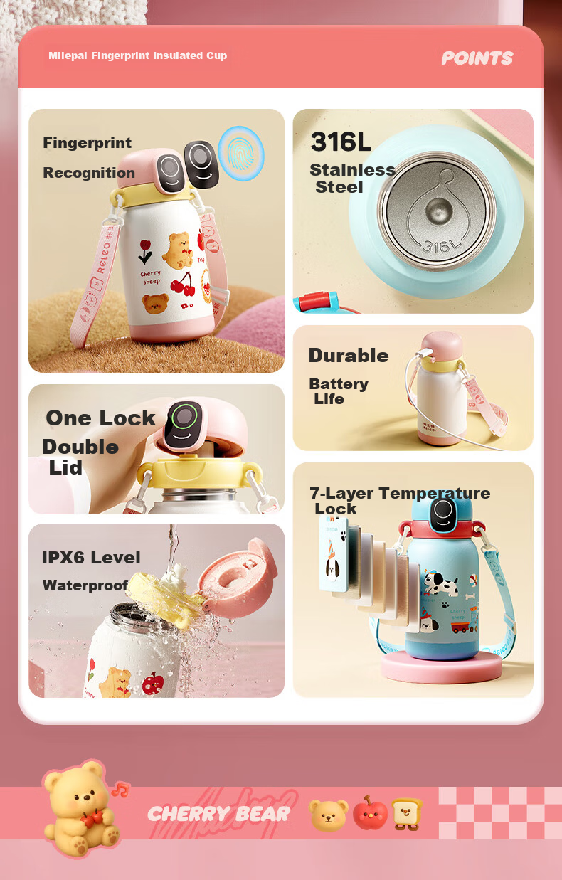 RELEA Children's Insulated Cup with Smart Fingerprint Lock, Bluetooth Straw Cup for Boys And Girls Students, School-Specific Water Bottle, Birthday Gift 4