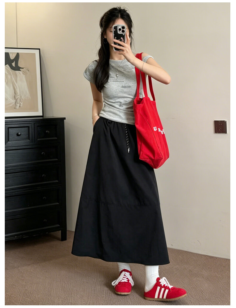 Xueqiman Vintage Simple Workwear High-Waist Slimming Quick-Dry A-Line Mid-Length Skirt for Women 2026 Spring Summer New Arrival 11