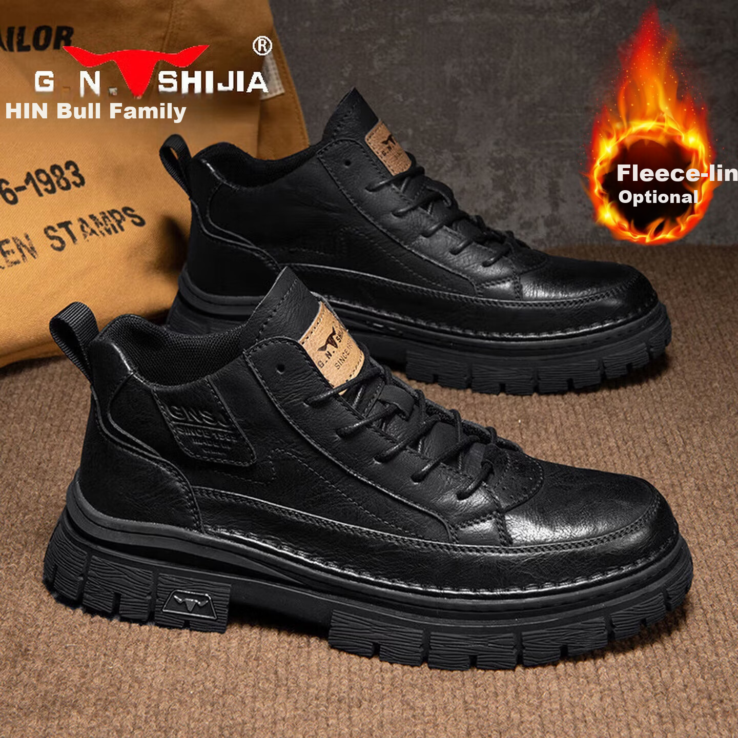 Bull Family Martin Boots Men Winter New British Style Mid-High Outdoor Casual Work Boots for Men