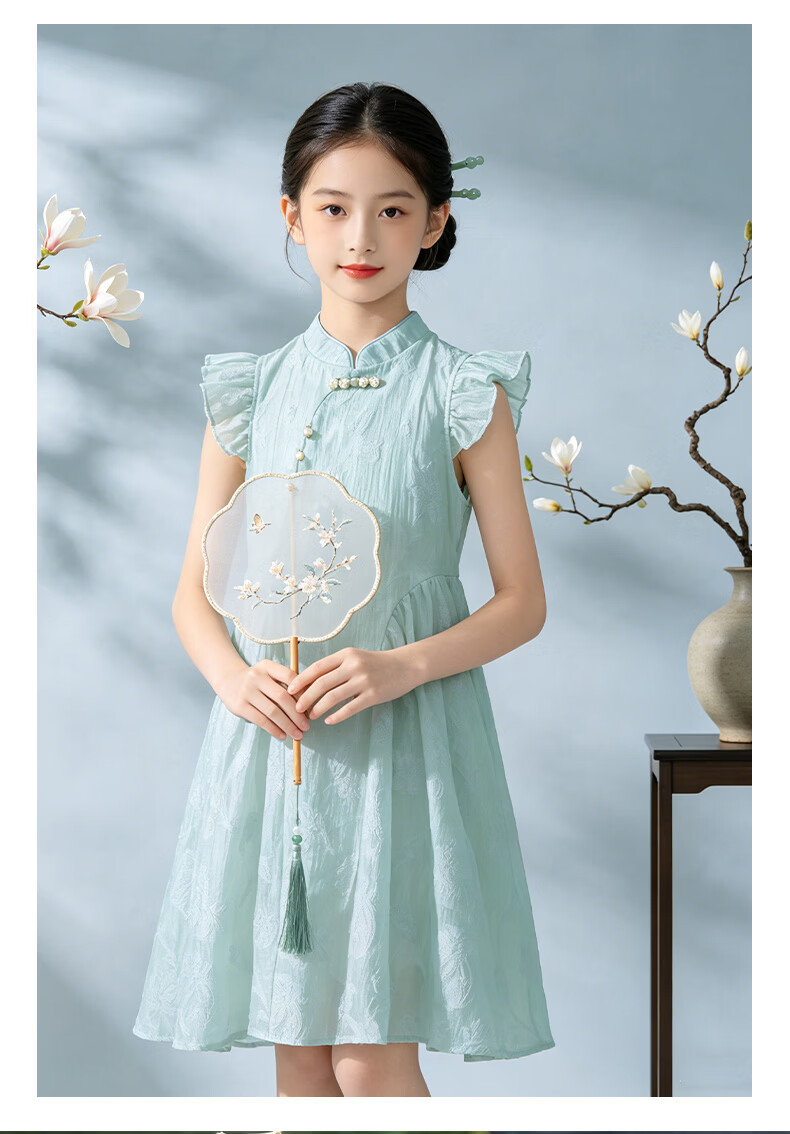 Disney Girls Dress Children's Summer Qipao Dress New Chinese Style Hanfu Green 130 11