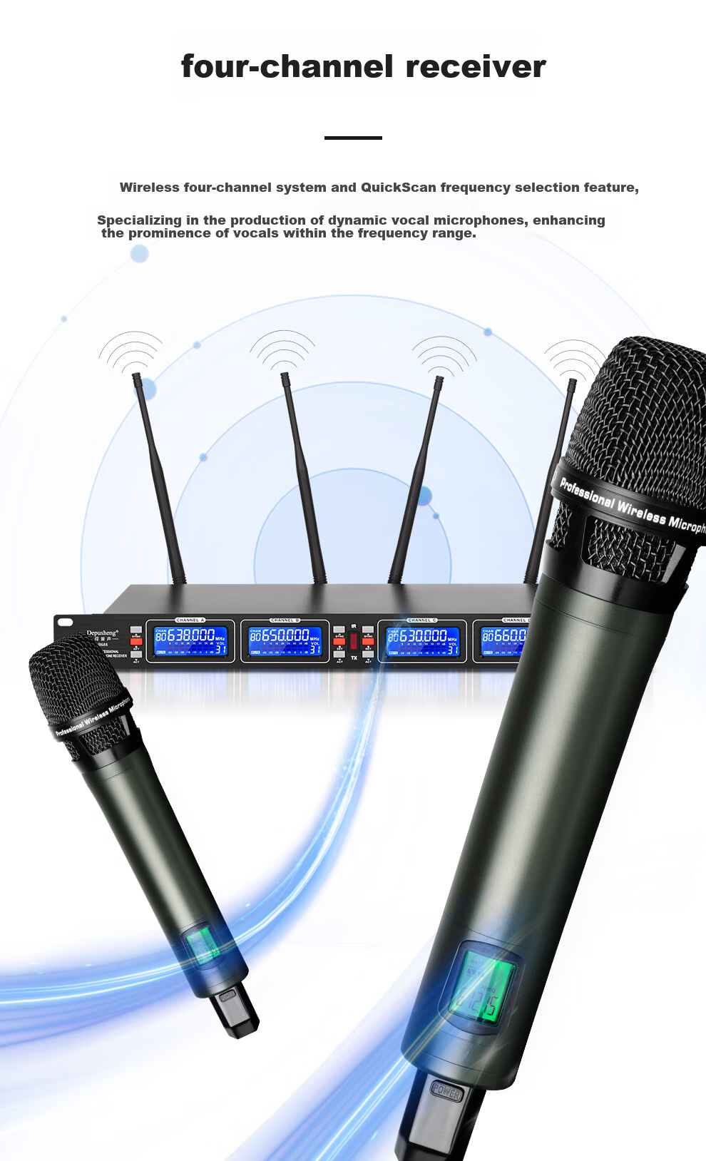 Depusheng DR688 Professional Wireless Microphone System One Transmitter Four Receivers UHF FM Microphone 100m Transmission 200 Channels Anti-Interference for Stage Performance Speech Live Streaming KT 3