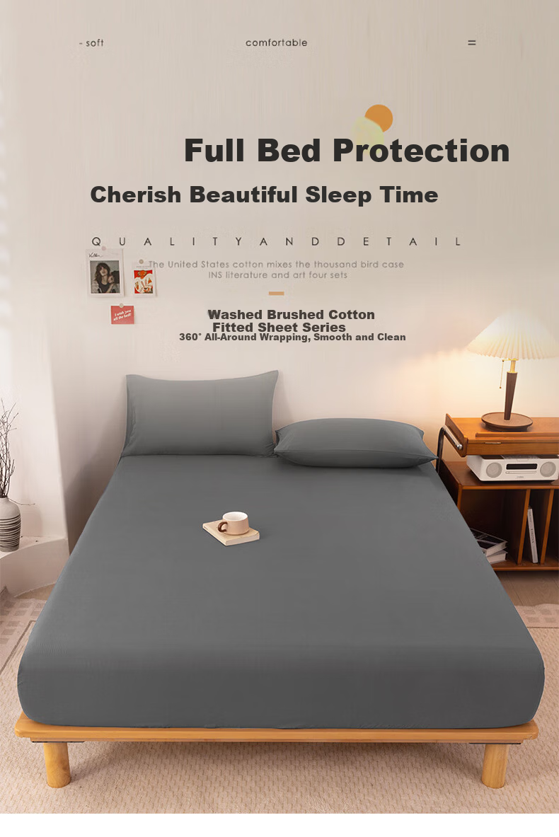 Aiwei Class A Washed Cotton Student Bed Fitted Sheet Single Non-Slip Dustproof for 1.2m Bed Dark Gray 1