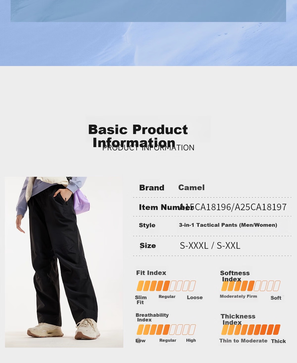 CAMEL Women's 3-in-1 Down Liner Waterproof Breathable Durable Tear-Resistant Hiking Mountaineering Pants Men's 21