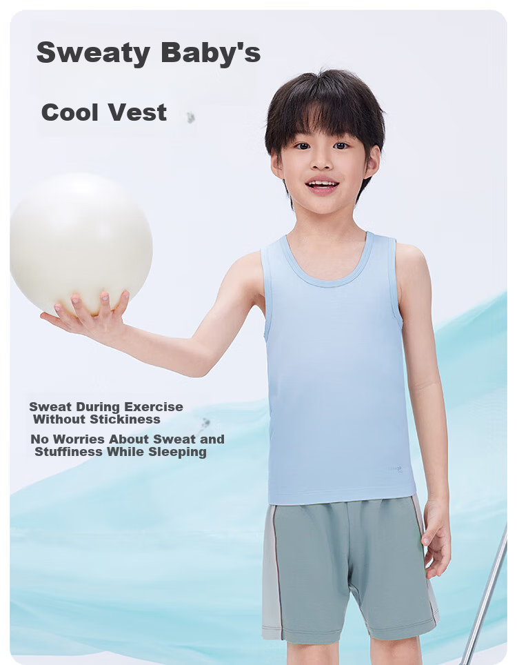 THREEGUN Kids Cooling Modal 3A Antibacterial Boys Girls Crew Neck Vest Aqua Green 150 2