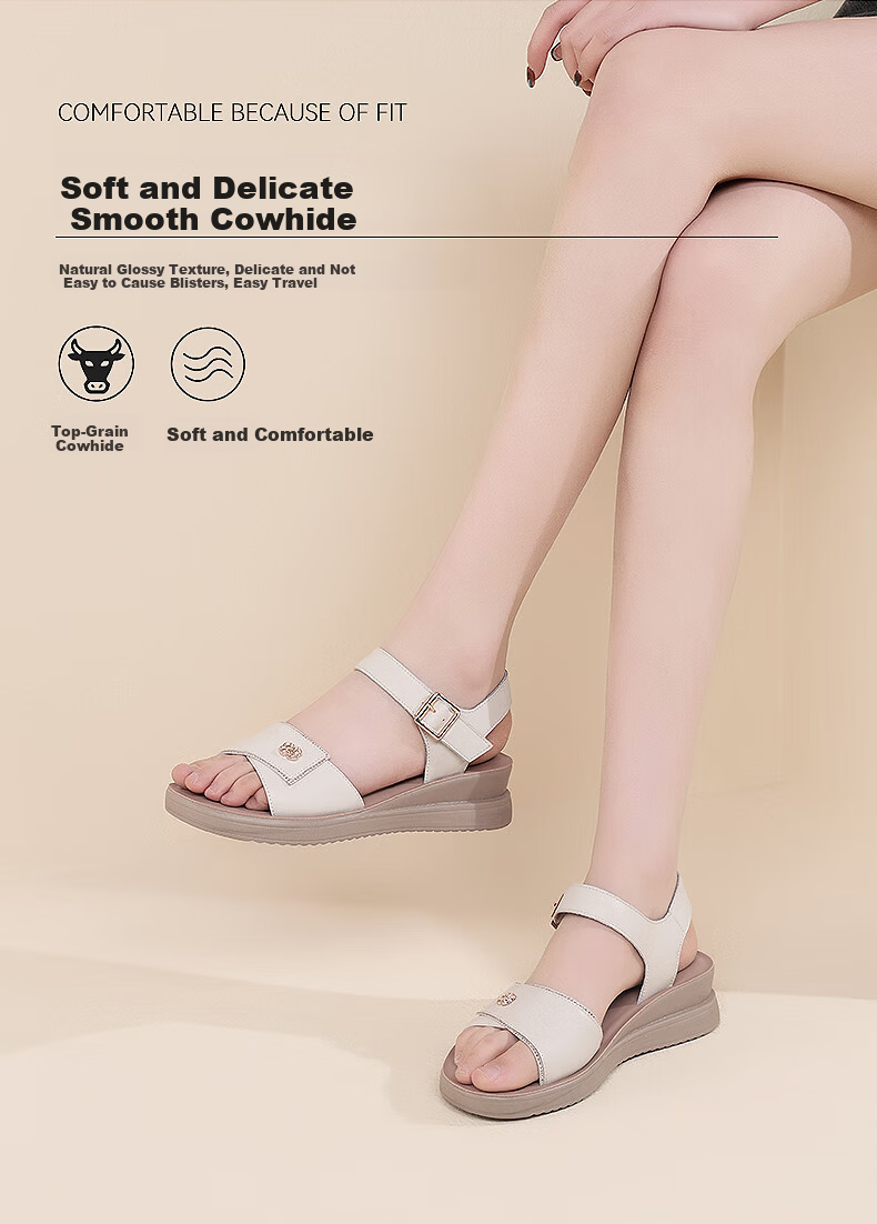 Red Dragonfly Women's Summer Sandals Flat Soft Leather Soft Sole Middle-aged and Elderly Beach Shoes WTK240752 Off-white 38 3
