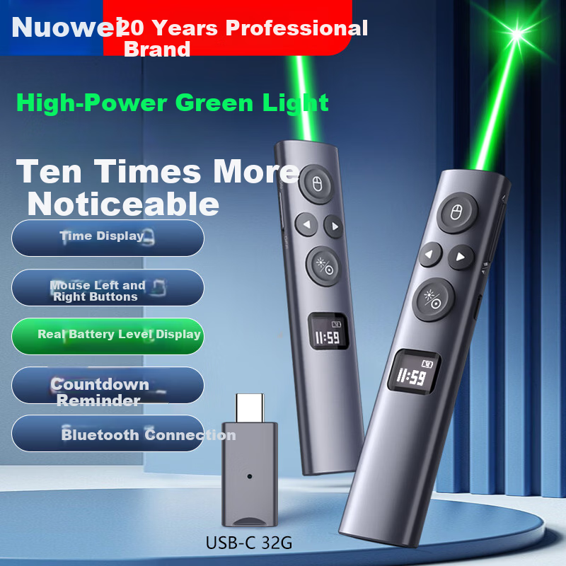 Nuowei N95s BLE High-Power Green Light Presentation Clicker Digital Physical Dual Laser with 32GB Memory Bluetooth PPT Remote Presenter LED LCD Screen Seewo USB-C