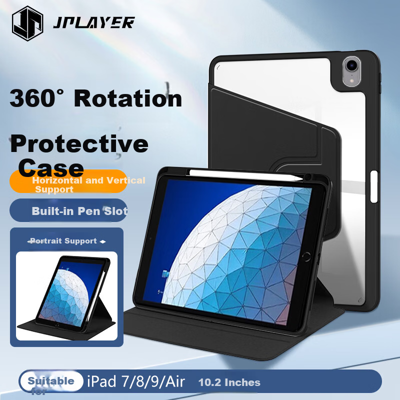 JPLAYER Apple iPad 7/8/9th Gen 10.2/10.5 Inch Universal Protective Case Air3 with Pencil Slot Acrylic Rotatable Book-style Horizontal and Vertical Stand Full Coverage Tablet Case Black