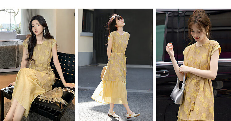 MT Patchwork Lyocell Summer Vacation Floral Texture Round Neck Tassel Tie Waist Flowing Slim Fit Women's Dress 6