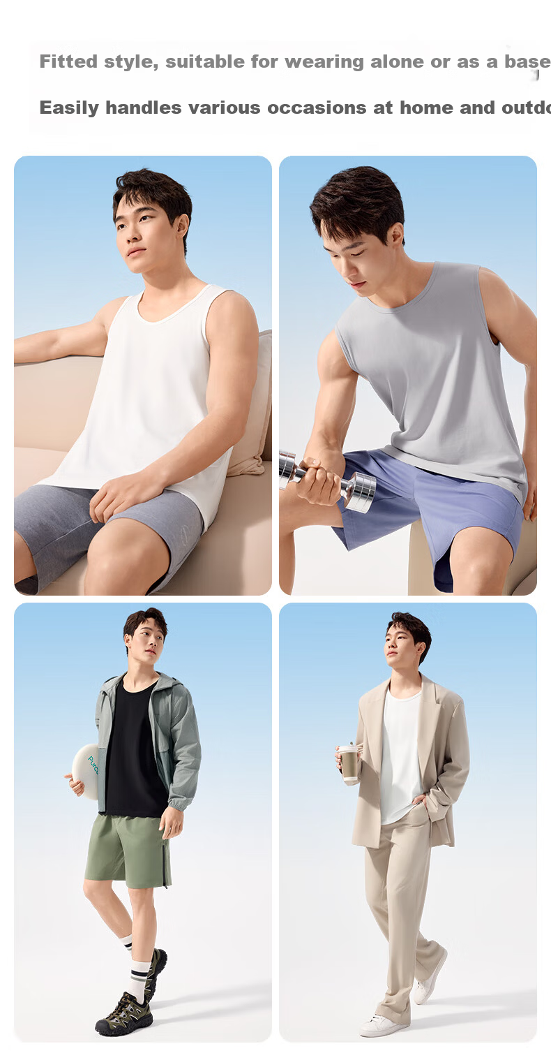 PurCotton Men's Antibacterial Wide-Shoulder Tank Top T-Shirt Base Layer 2-Pack 9