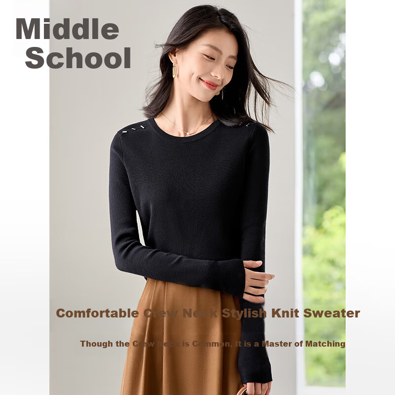 Chushen Chunqiu Women's Knitwear Designer Round Neck Solid Color Versatile Base Sweater Top S144Z7003