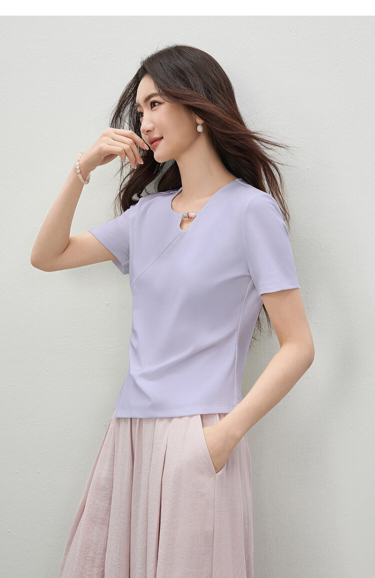 Shangdu Bila Cool Feeling Lyocell Cotton Women's T-Shirt Spring Summer Hollow Beaded Round Neck Elegant Top Curved Split Pleats Women's Wear 13