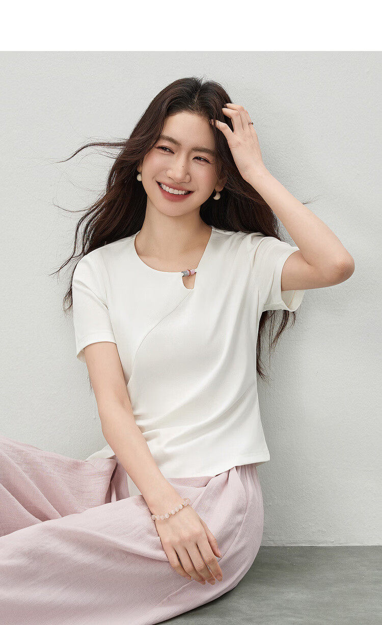 Shangdu Bila Cool Feeling Lyocell Cotton Women's T-Shirt Spring Summer Hollow Beaded Round Neck Elegant Top Curved Split Pleats Women's Wear 5
