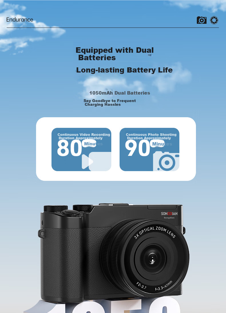 SONGDIAN Digital Camera Front and Rear Dual 5K Vlog 3X Optical Zoom Mirrorless Portable Student Camera DC205X Black 128GB Memory 15