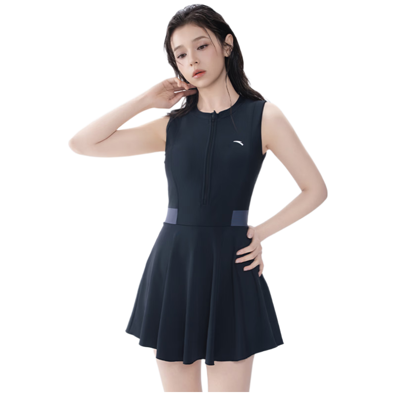Anta Little Waist Women's Swimsuit 2026 New One-Piece Conservative Sleeveless Plus Size Girl Swimsuit Navy Blue