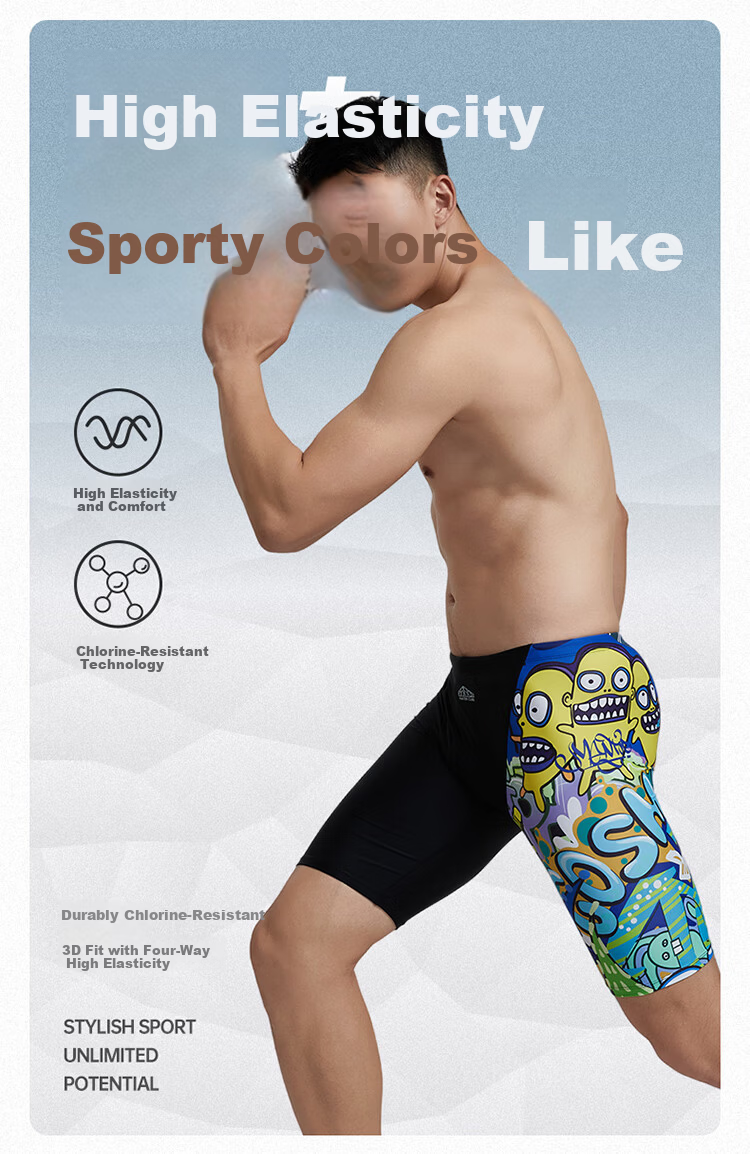 Water Cube Men's Graffiti Five-Point Knee-Length Professional Quick-Dry Square-Leg Swim Trunks Black XL 2