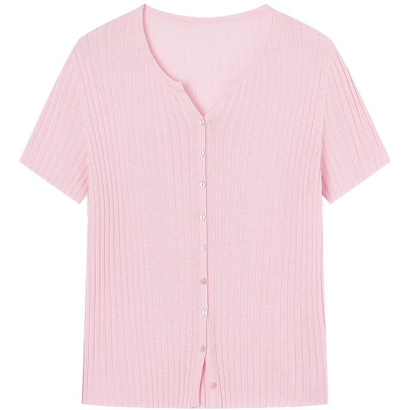 Yixiang Liying Solid Color Short Sleeve Linen Knit Top Women's New Soft Skin-Friendly Shoulder Fitting Inner Shirt Coral Pink M