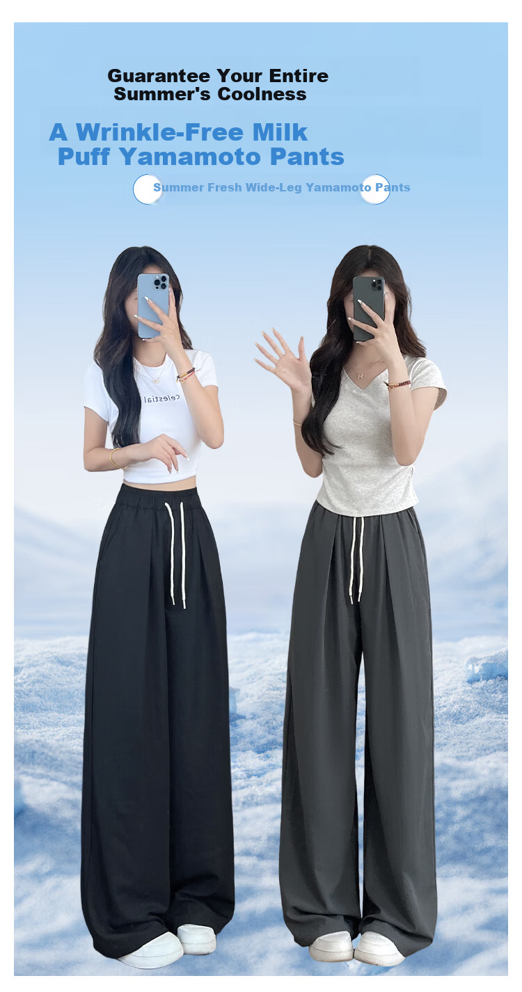 FitonTon Ice Silk Wide-Leg Pants for Women 2026 Summer Thin Draped Milk Fabric Yamamoto Style Loose Slim Casual Trousers 1