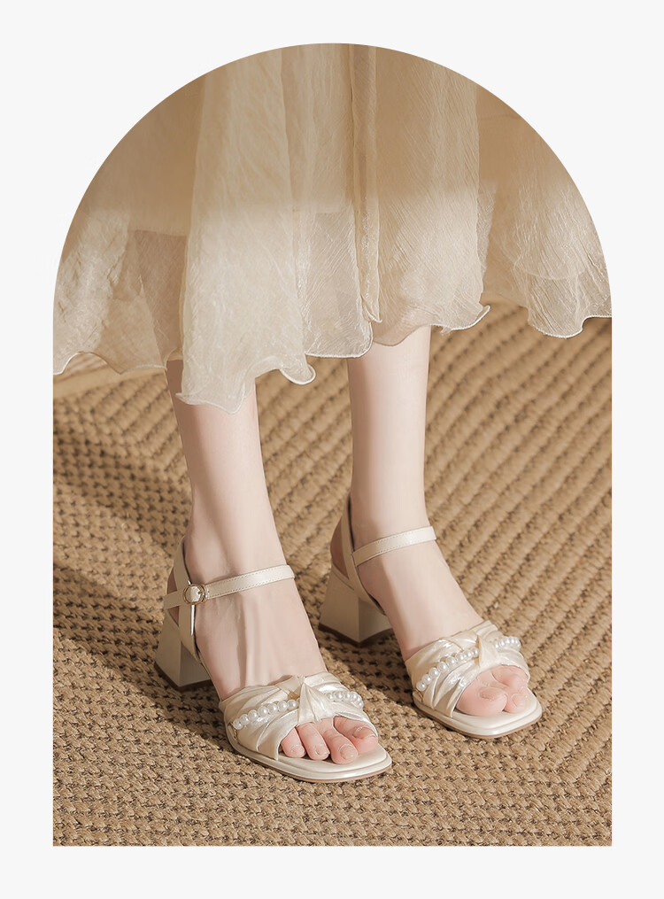 ZHR Women's Chunky Heel Sandals Summer 2026 New High Heels French Style Pearl Dress Shoes JF595 Beige Size 38 3