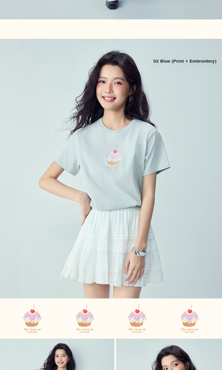 Giordano Women's Short Sleeve T-Shirt Summer New Pure Cotton Dessert Theme Print Crew Neck Casual Top 05396387 19