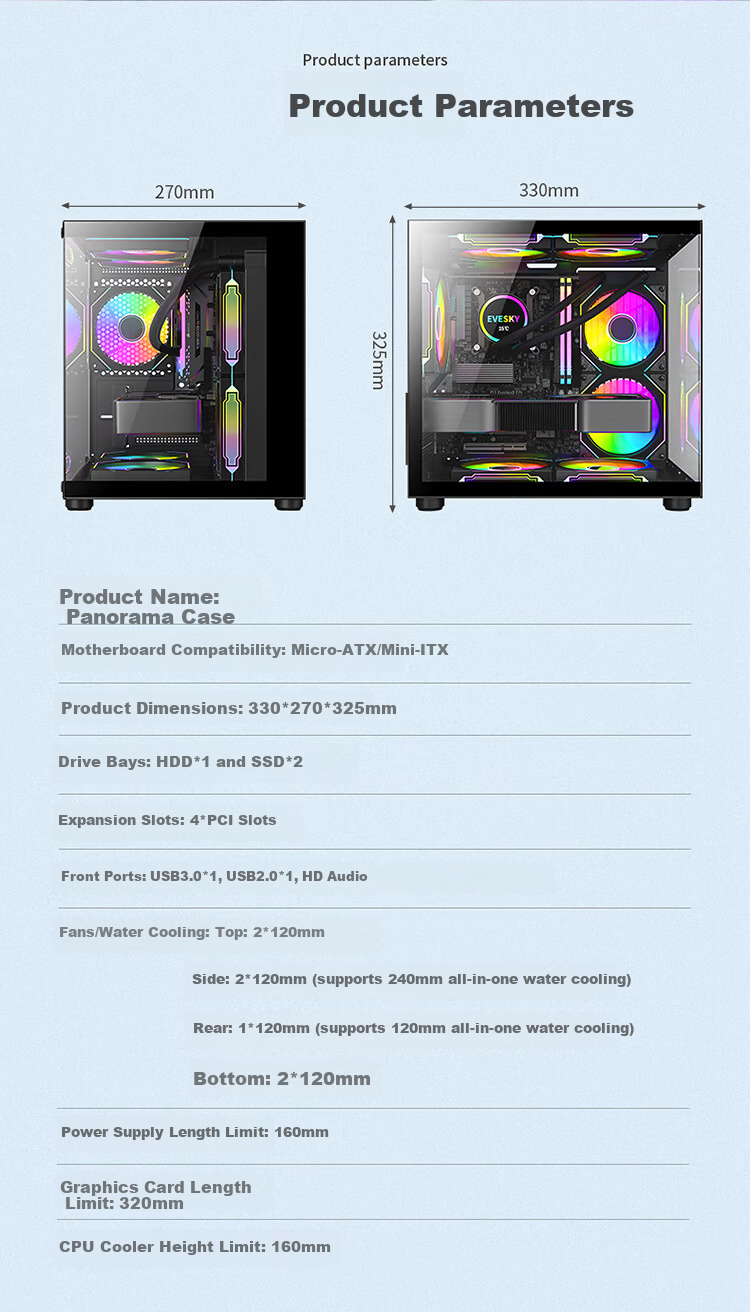 Ziyi Desktop Seaview Computer Case White No A-Pillar (Top 360mm Water Cooling/M-ATX Motherboard/9 Fan Slots/Long GPU) 15
