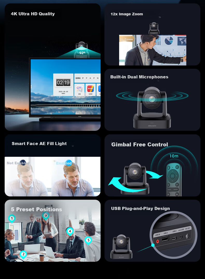 HIKVISION 4K Conference Camera Optical Zoom Remote Video Conferencing PTZ Control 5m Pickup Plug and Play V158 3
