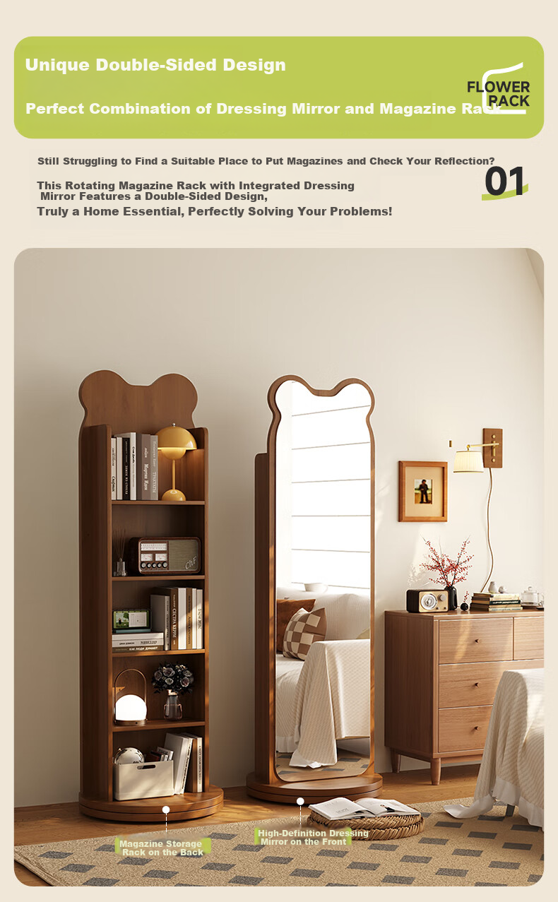 XIAOJIANGCAI Full-Length Floor Mirror with Bookshelf, Rotatable and Mobile Dressing Mirror with Storage, Black, 165*36cm 4
