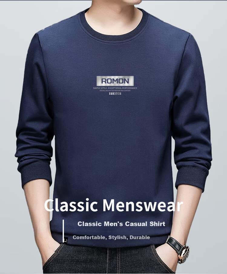 ROMON Men's Sweatshirt, Spring Trendy Long-Sleeve T-Shirt, Business Casual Loose Round Neck Top, Base Layer, L52 Blue 4XL 1